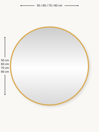 Size guide diagram of round Freya mirror with gold frame, showing 50, 60, 70 and 80 cm diameter options
