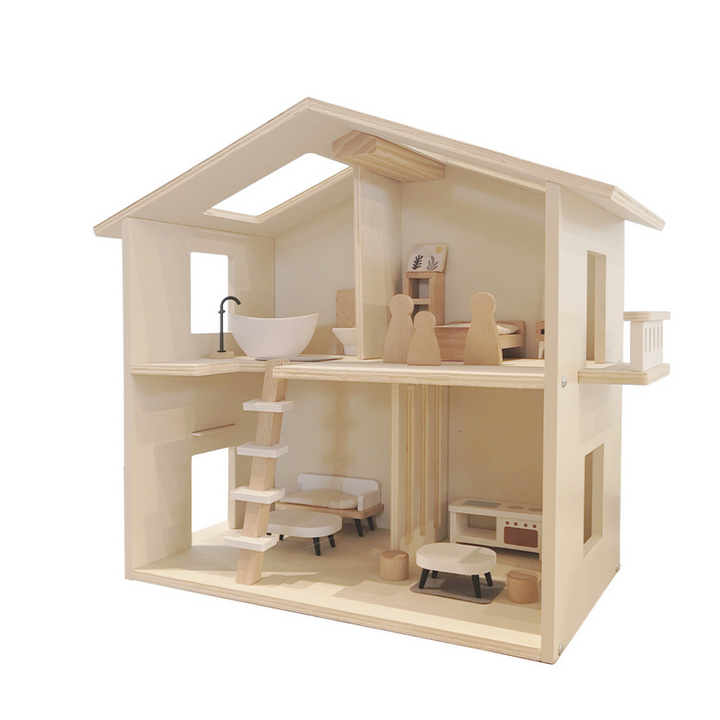 Wooden dollhouse with furniture