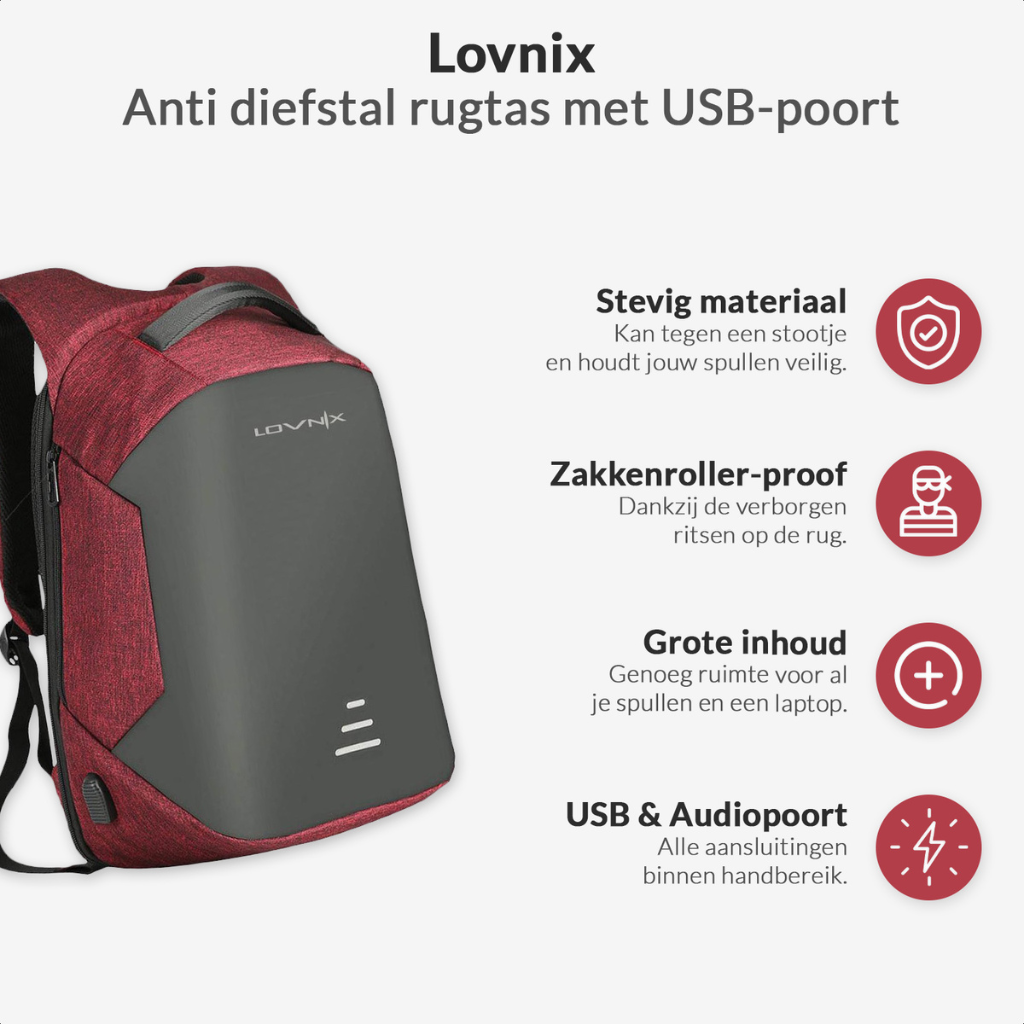 Diebstahlsicherer Rucksack mit USB-Ladestation – 15 Zoll – (Rot)