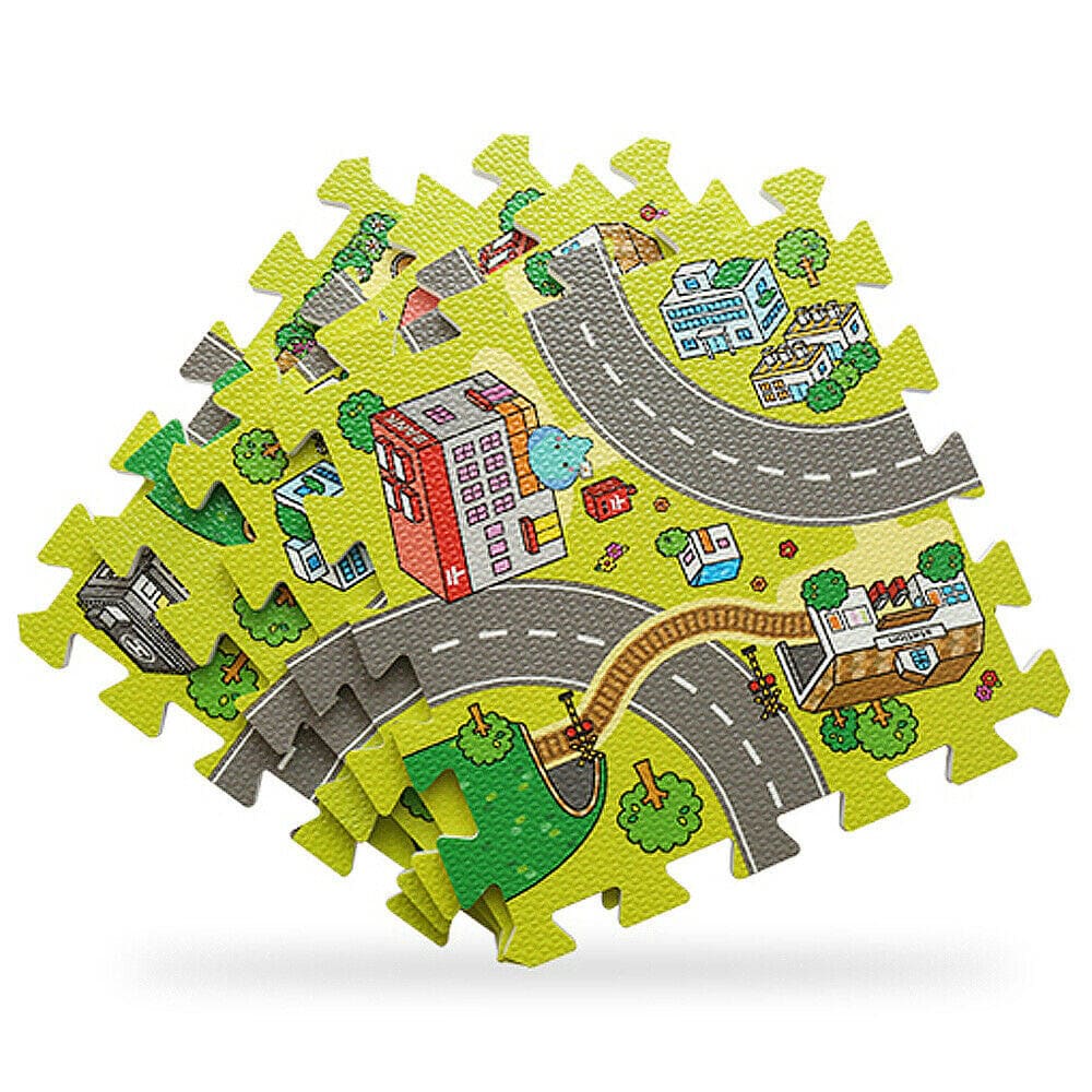 Børnelegemåtte - Streets Puzzle Mat - 9-delt legemåtte med veje, gader og bygninger - Pædagogisk legemåtte til baby/småbørn/børn fra 0 år - 90x90 cm