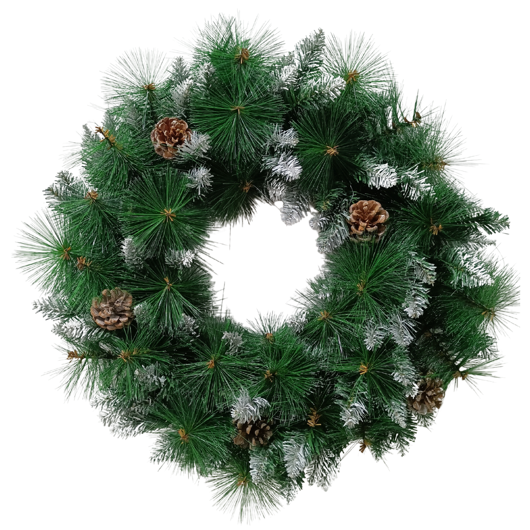 Couronne de Noël en PVC Buxibo avec aiguilles de pin, pommes de pin et neige - Vert - 100 branches - 50 cm