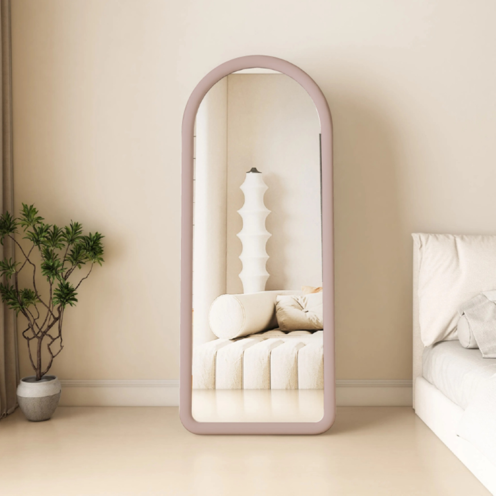 Miroir sur pied ovale tapissé 160x60 cm - Velours suédine - Rose