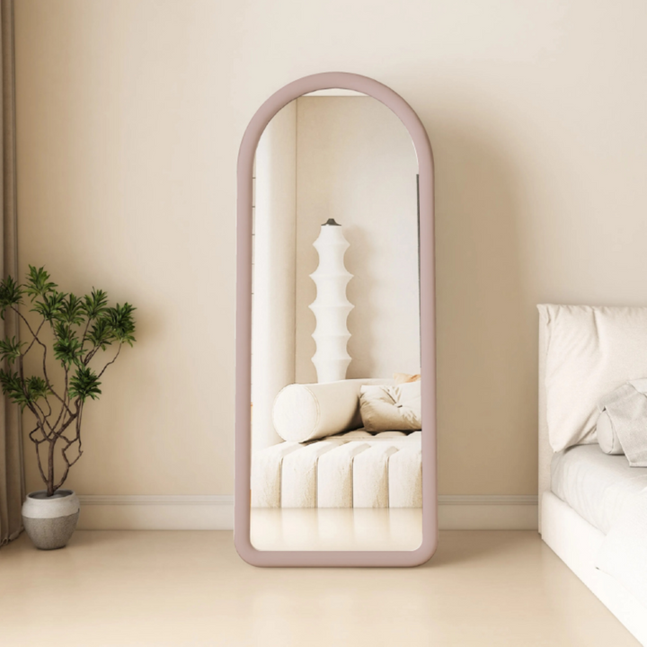 Upholstered Oval Standing Mirror 160x60 cm - Suede Velvet - Pink