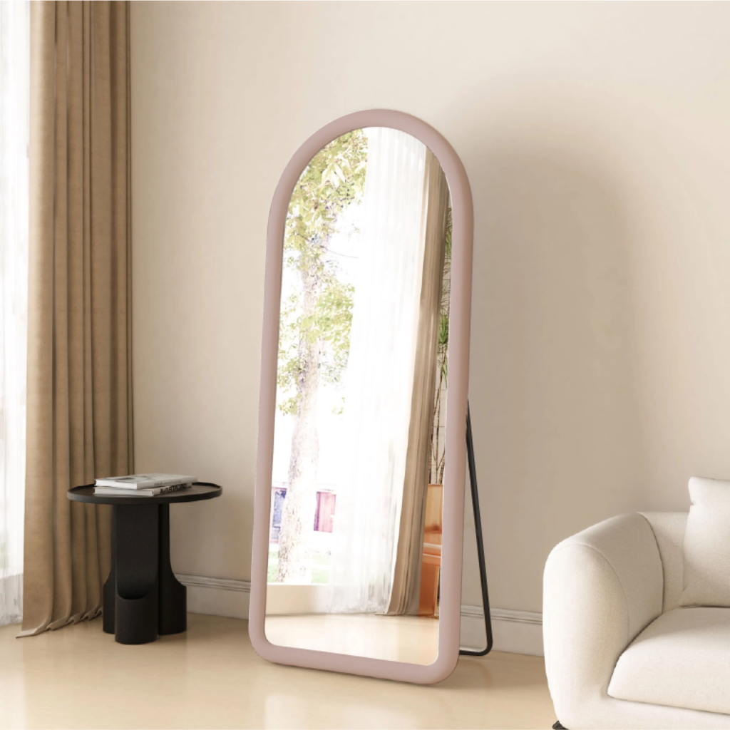 Upholstered Oval Standing Mirror 160x60 cm - Suede Velvet - Pink