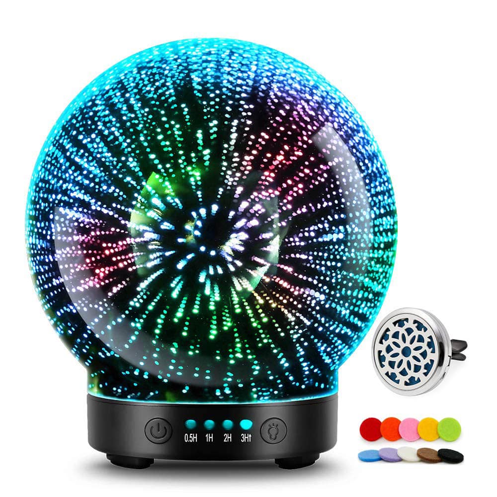 SensaHome Diffusore di aromi 3D in vetro - Lampada notturna e umidificatore - Illuminazione a LED colorata - Nebulizzatore di aromi - Galaxy 3