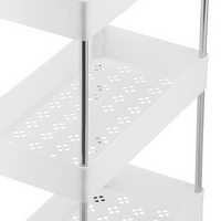Close-up of white perforated shelf tiers and chrome poles on a 3-tier metal utility rack, showing flower-pattern ventilati…