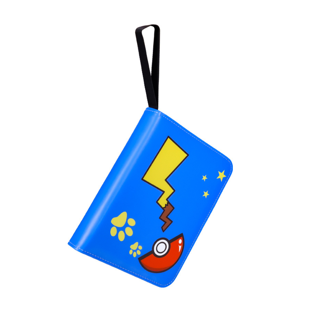 Blue Pokémon-themed card binder tilted slightly, wrist strap extended upward, lightning bolt and Poké Ball print visible o…