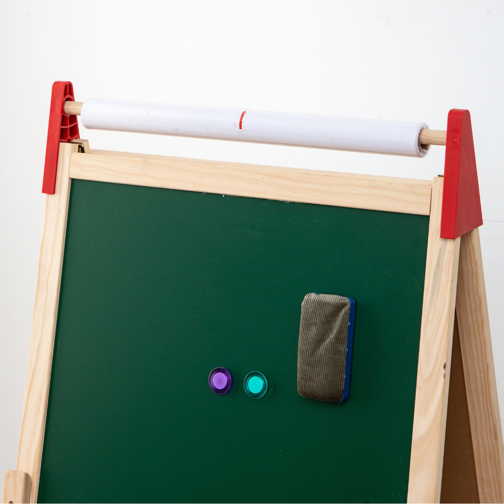 Wooden easel for children with chalkboard and whiteboard