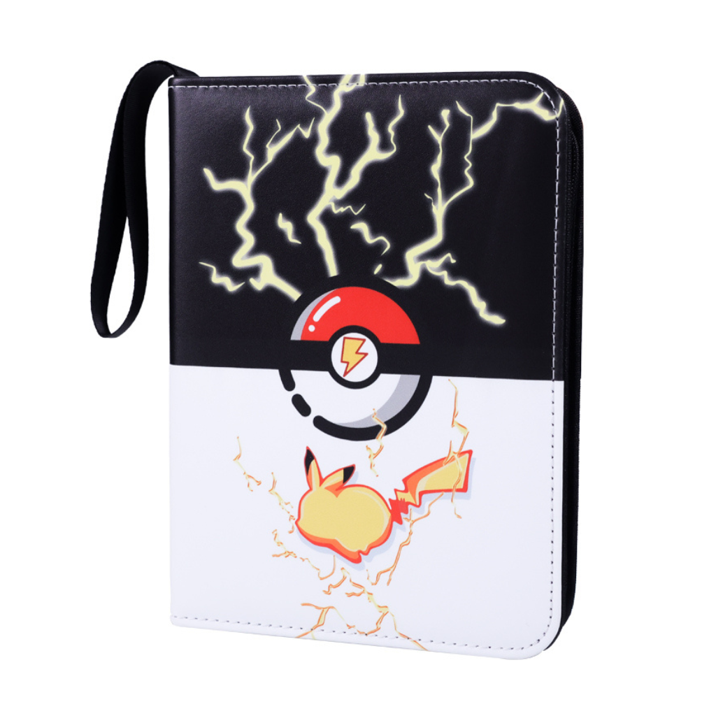 Black and white card binder angled front view, Poké Ball centre with yellow lightning bolts and Pikachu graphic, wrist str…
