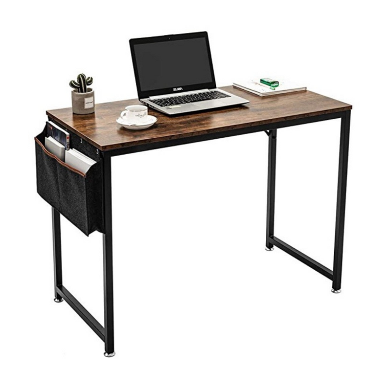 Rustic brown wood-look desk with black metal frame, styled with laptop, coffee cup and side fabric storage bag, angled view