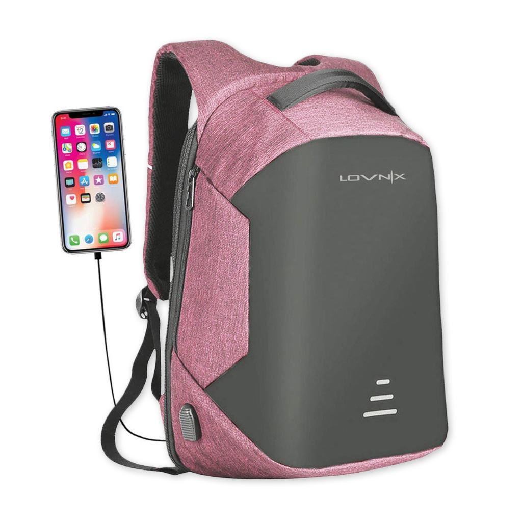 Diebstahlsicherer Rucksack mit USB-Ladestation (Pink)