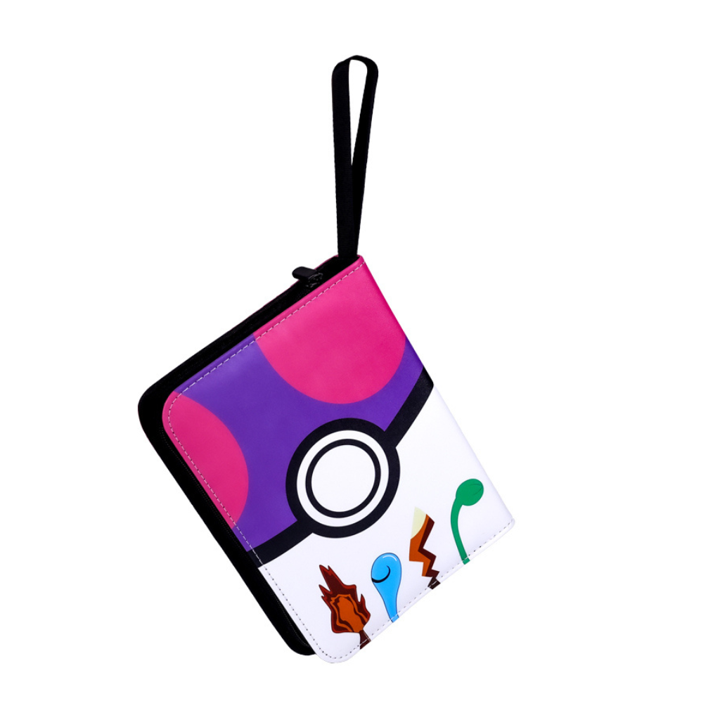 Purple and white Master Ball-themed card binder at a diagonal angle, showing Pokémon type icons on white lower half, black…