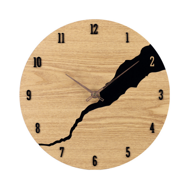 Round light wood-grain MDF wall clock with black resin river detail running diagonally across the face, front view