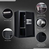 Black steel safe product infographic with detail callouts: serial code label, laser-cut corner, steel bolt, door thickness…