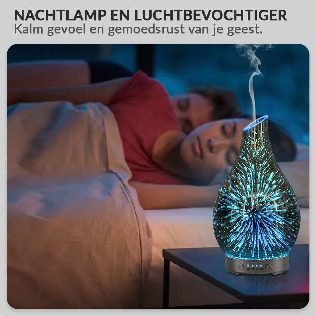 Glass 3D aroma diffuser glowing teal on bedside table, emitting mist beside two sleeping adults in dim bedroom
