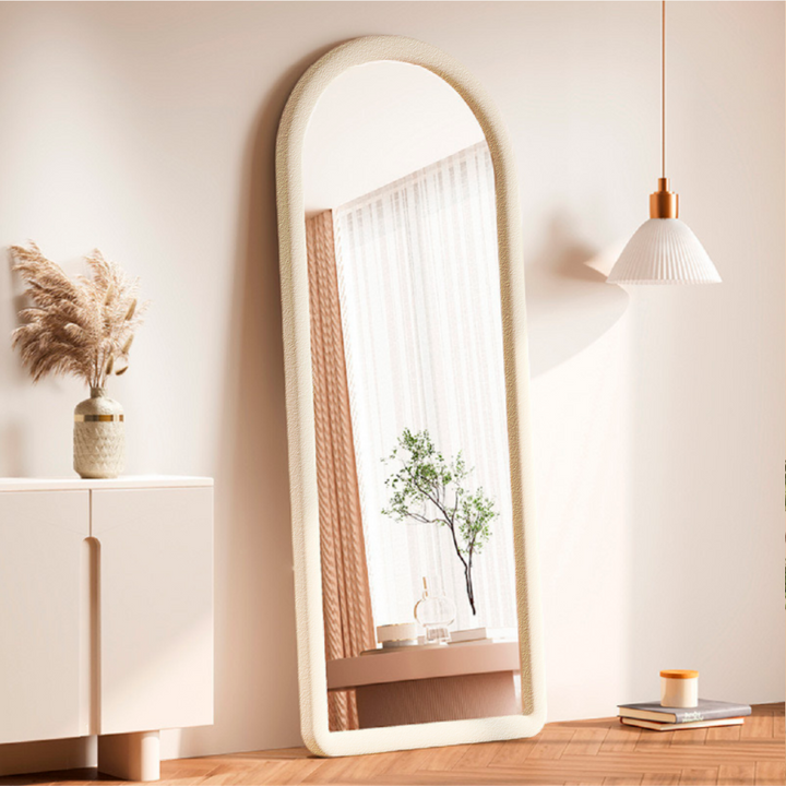 Upholstered Oval Standing Mirror 160x60 cm - Suede Velvet - Teddy White