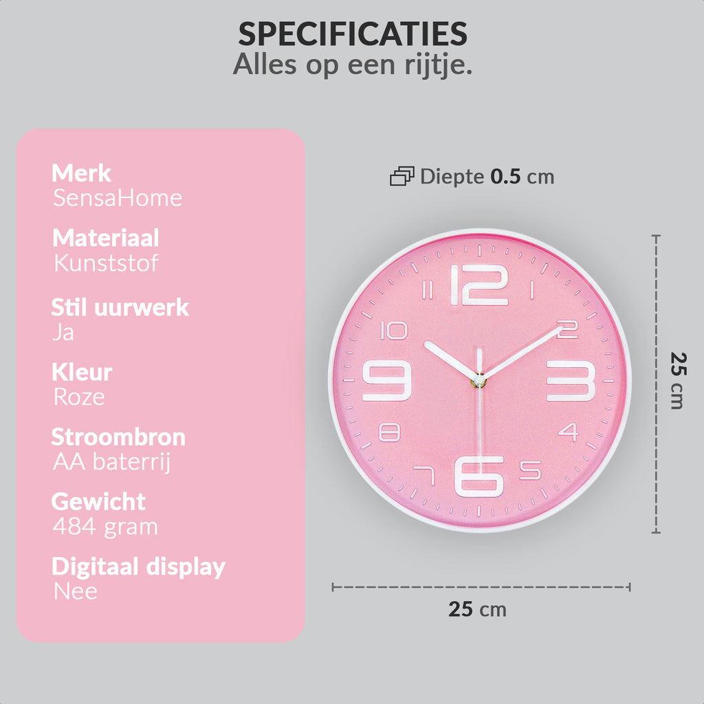Wanduhr – Lautloses Uhrwerk – 25 cm Durchmesser (Rosa)
