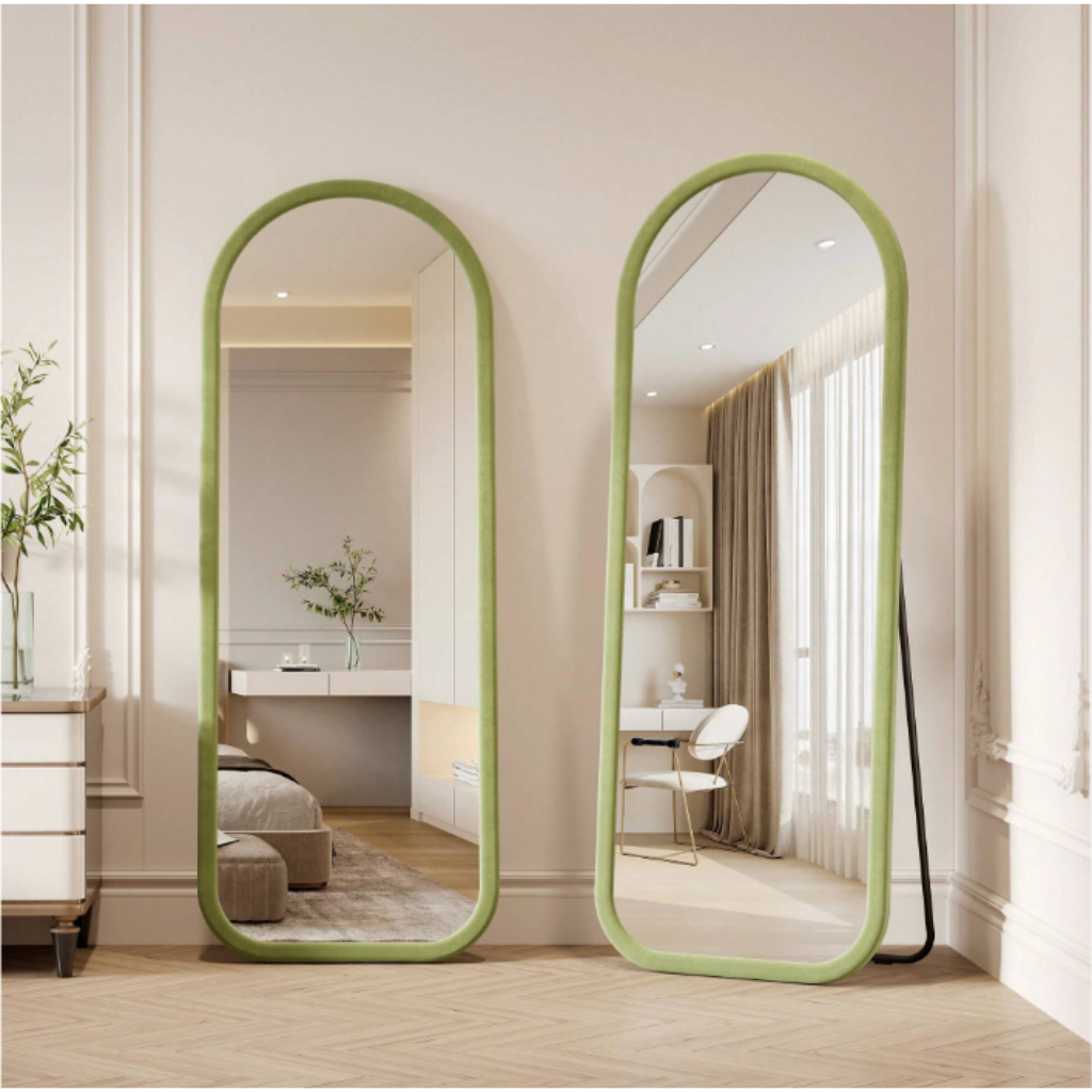 Upholstered Oval Standing Mirror 160x60 cm - Suede Velvet - Green