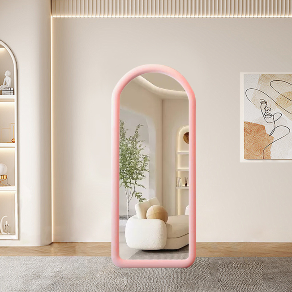 Upholstered Oval Standing Mirror 160x60 cm - Suede Velvet - Pink