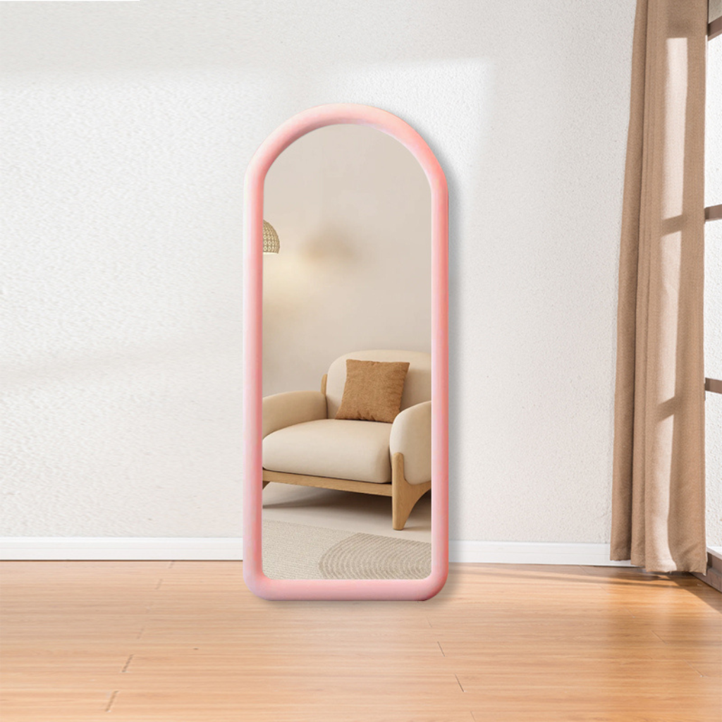 Upholstered Oval Standing Mirror 160x60 cm - Suede Velvet - Pink