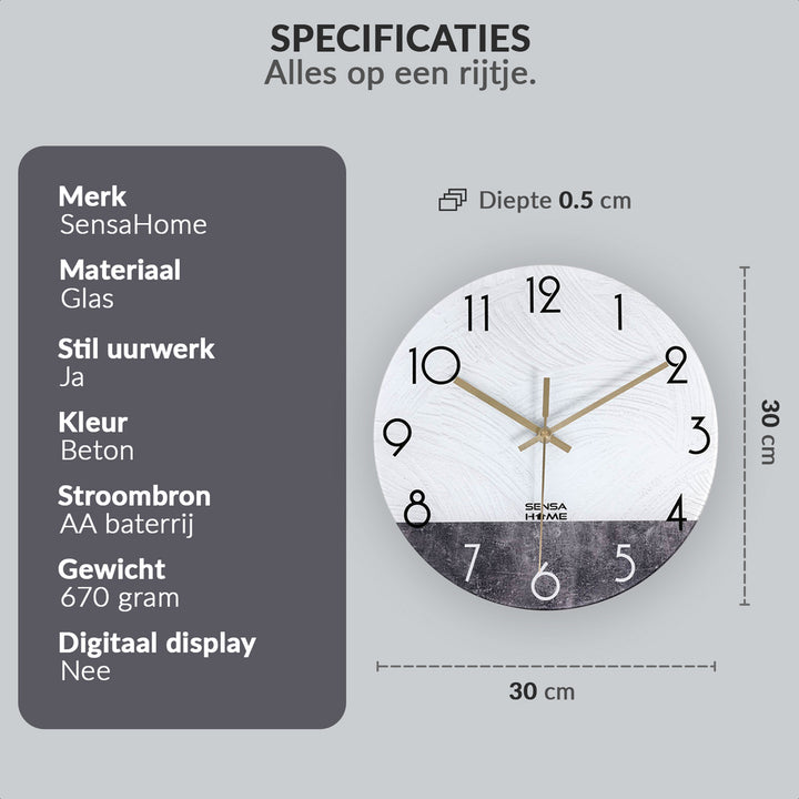 Glazen Wandklok 30cm - Marmeren Design - Stille uurwerk