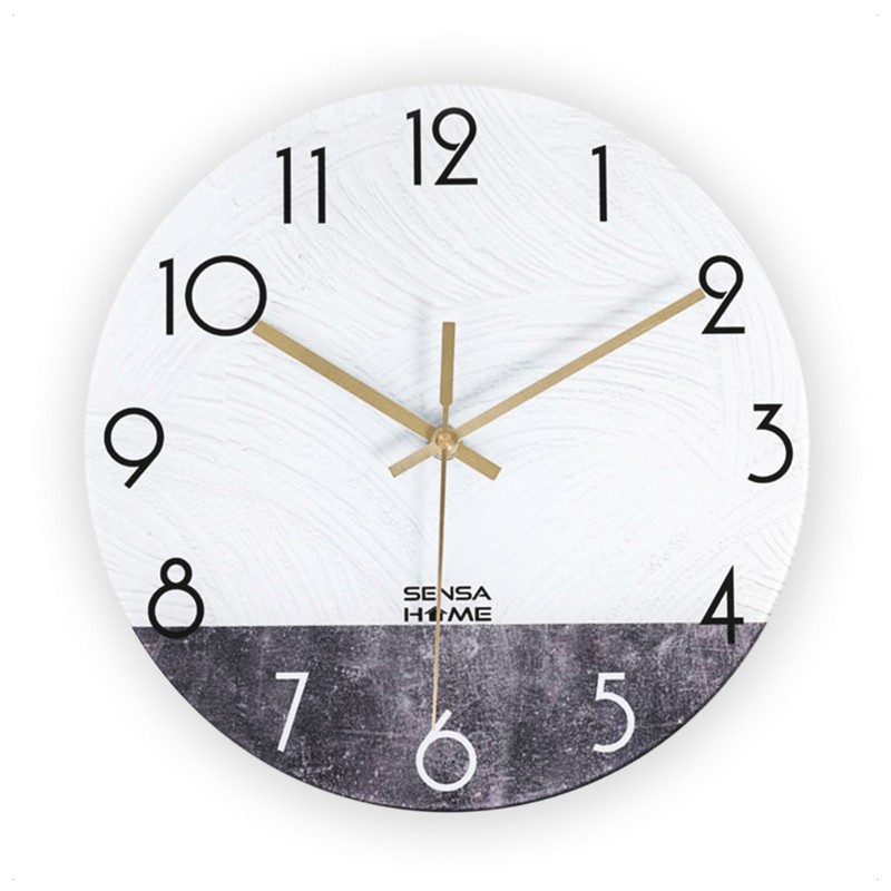 Round SensaHome glass wall clock with white textured upper face and dark concrete-effect lower half, gold hands, black and…