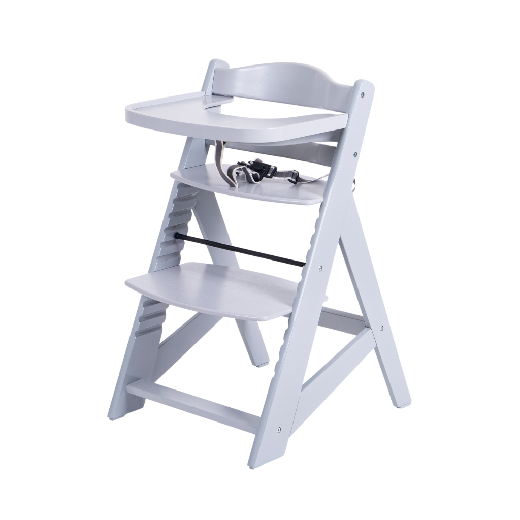 Gray wooden grow-along chair with dining tray and cushion