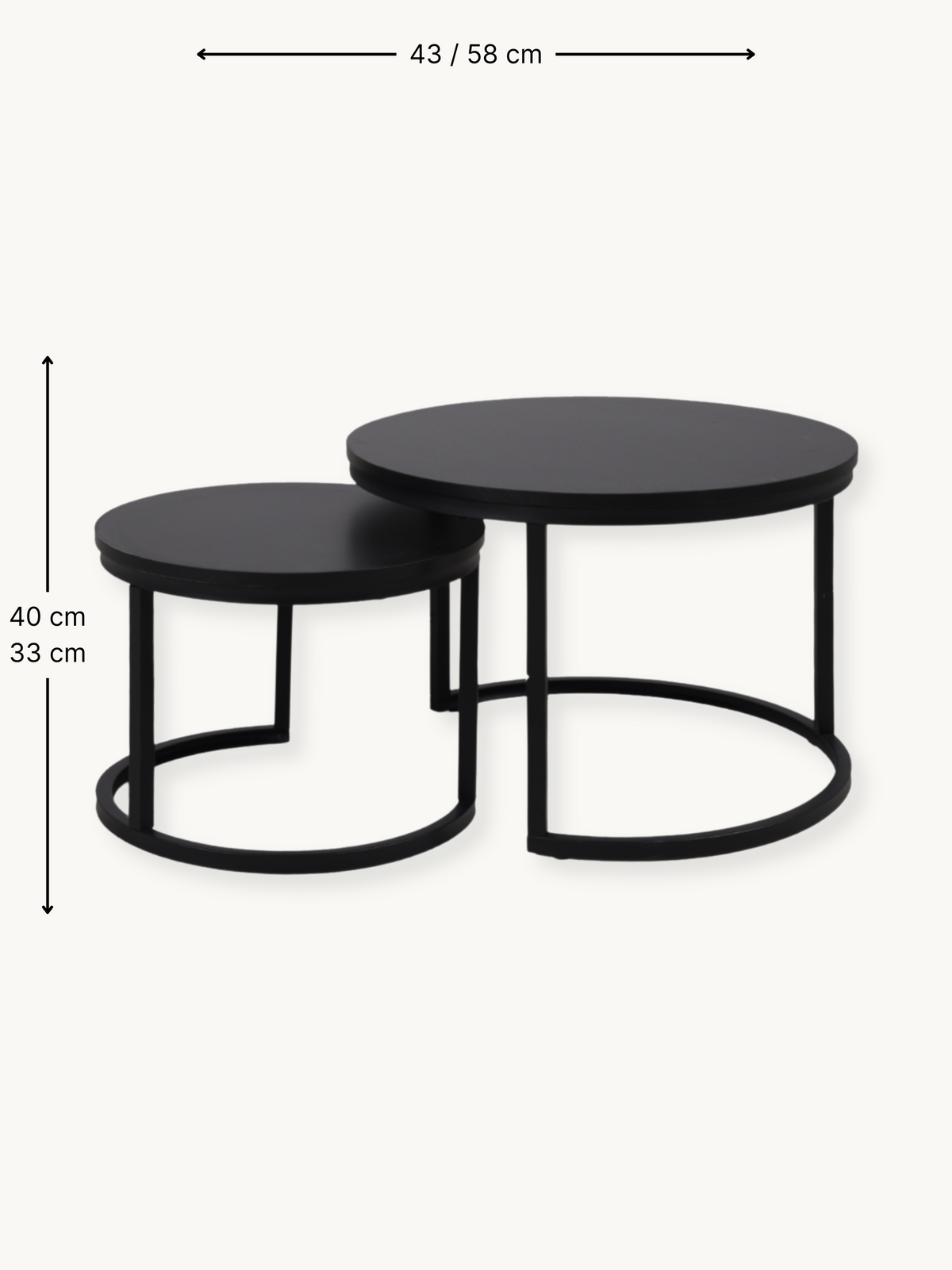 Dimension diagram of two black round nesting tables showing 58 cm and 43 cm diameters, 40 cm and 33 cm heights