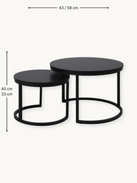 Dimension diagram of two black round nesting tables showing 58 cm and 43 cm diameters, 40 cm and 33 cm heights