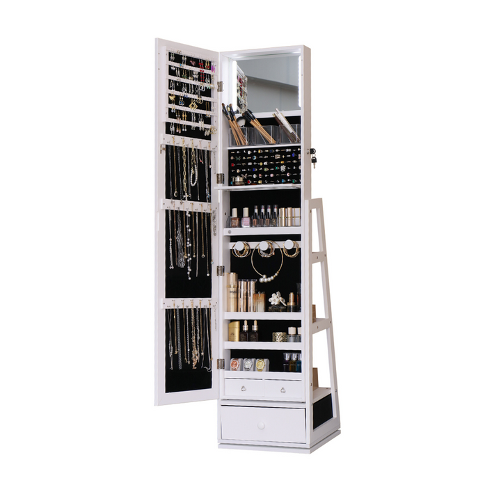 White jewelry cabinet with mirror and LED lighting