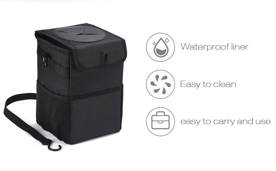 Buxibo - Luxusní skládací odpadkový koš do auta s víkem - přenosný, závěsný &amp; Skládací - Nepropustné - Auto - Úložná taška/Organizér - Plast - Černá