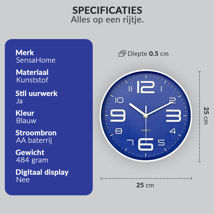 Wanduhr – Lautloses Uhrwerk – 25 cm Durchmesser (Blau)