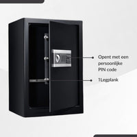 Black steel safe open-door view with callouts pointing to silver PIN code keypad and interior adjustable shelf