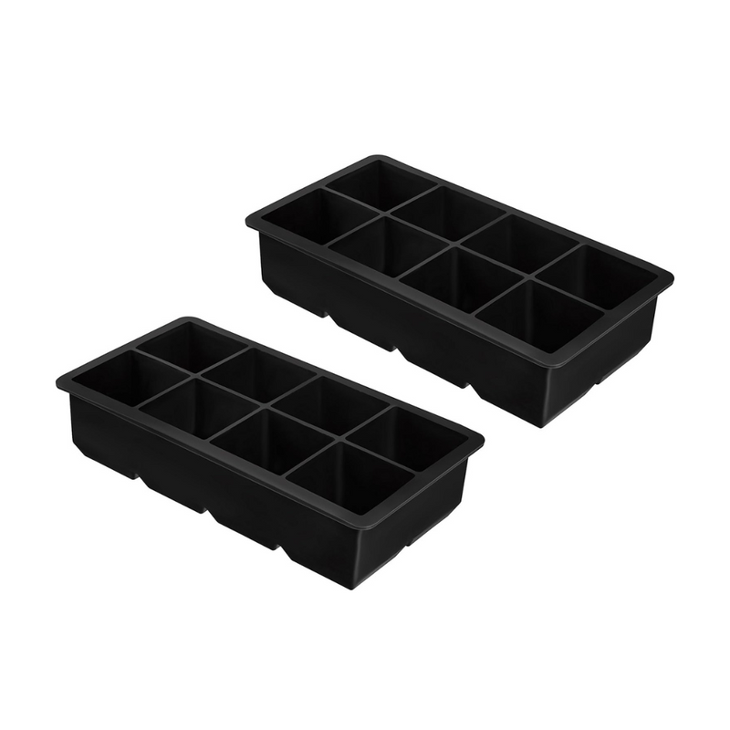 Two black silicone ice cube trays with 8 large square molds each, shown from above at a slight angle on white background