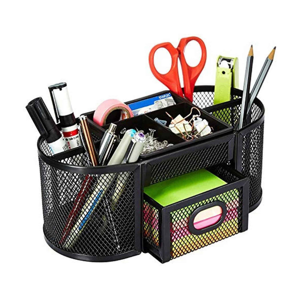 Mesh desk organizer with 9 compartments and drawer