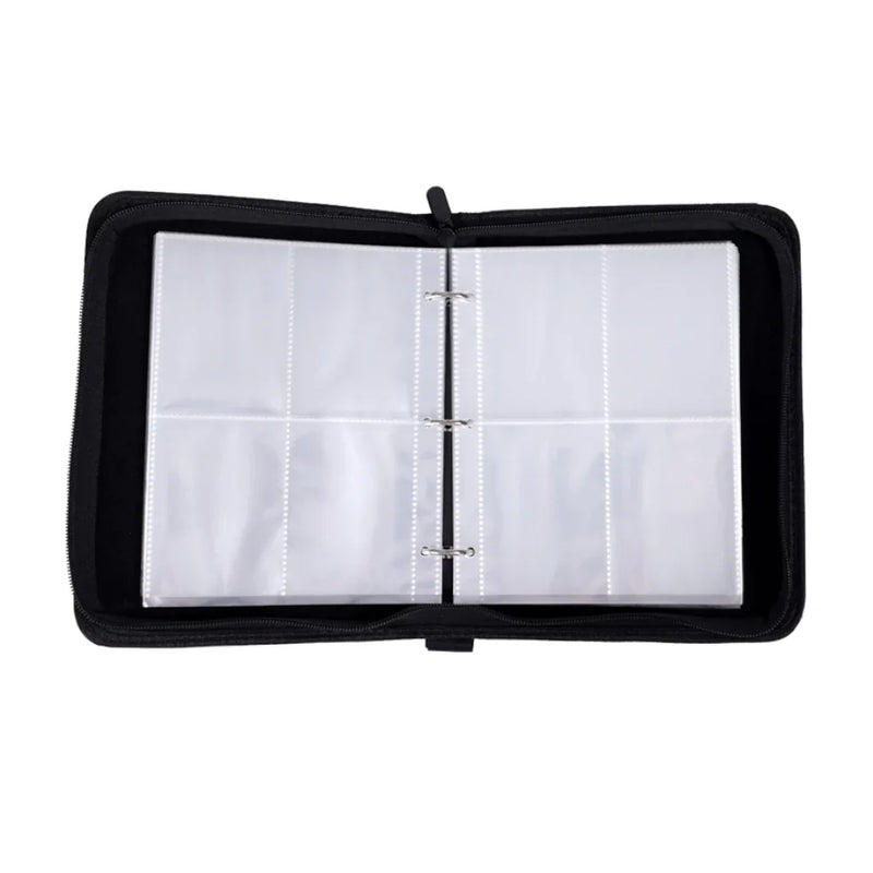 Black zippered trading card binder open flat, showing empty 3-ring clear plastic sleeve pages with 6 pockets per spread