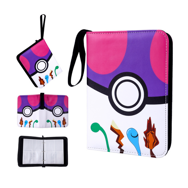 Purple Master Ball-themed trading card binder with wrist strap, shown from multiple angles including open interior with ca…