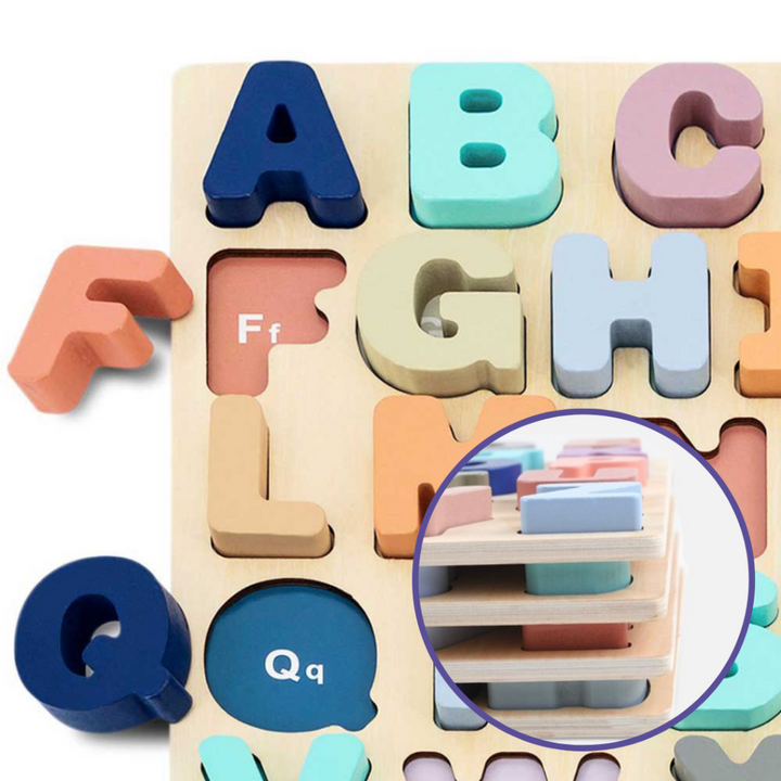 Alphabet-/Formen-/Zahlenpuzzle aus Holz – Lernspielzeug – 30 x 30 – Pastell