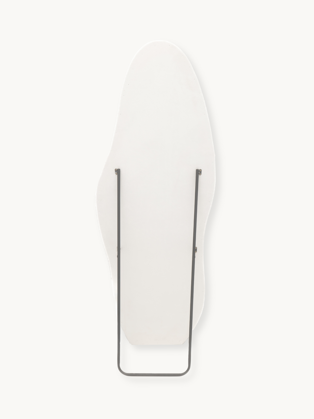 Back view of Seraphina standing mirror showing white teddy fabric panel and slim dark metal easel support brackets