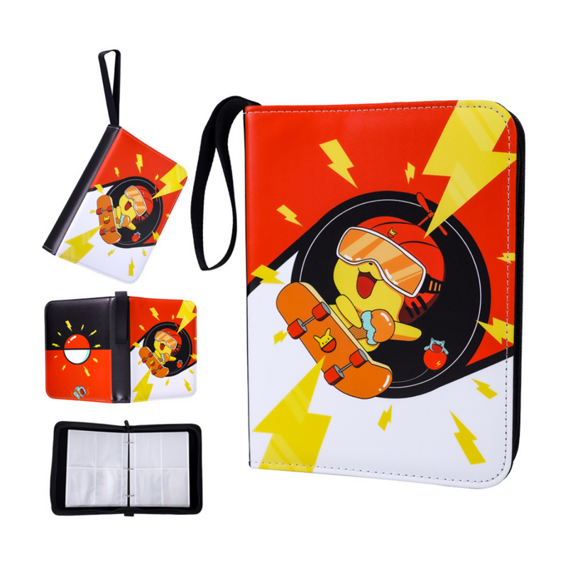 Red and white PU leather trading card binder with skateboarding character print, wrist strap, and open interior view showi…
