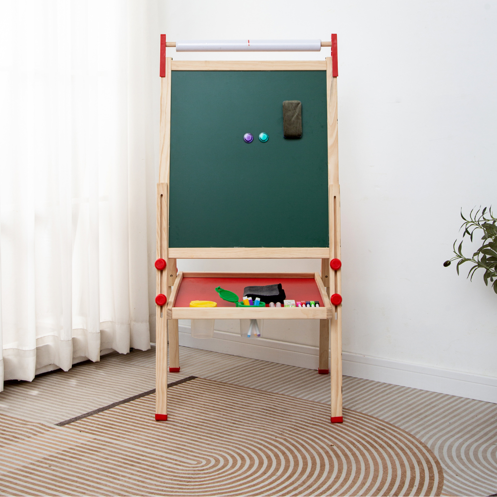 Wooden easel for children with chalkboard and whiteboard