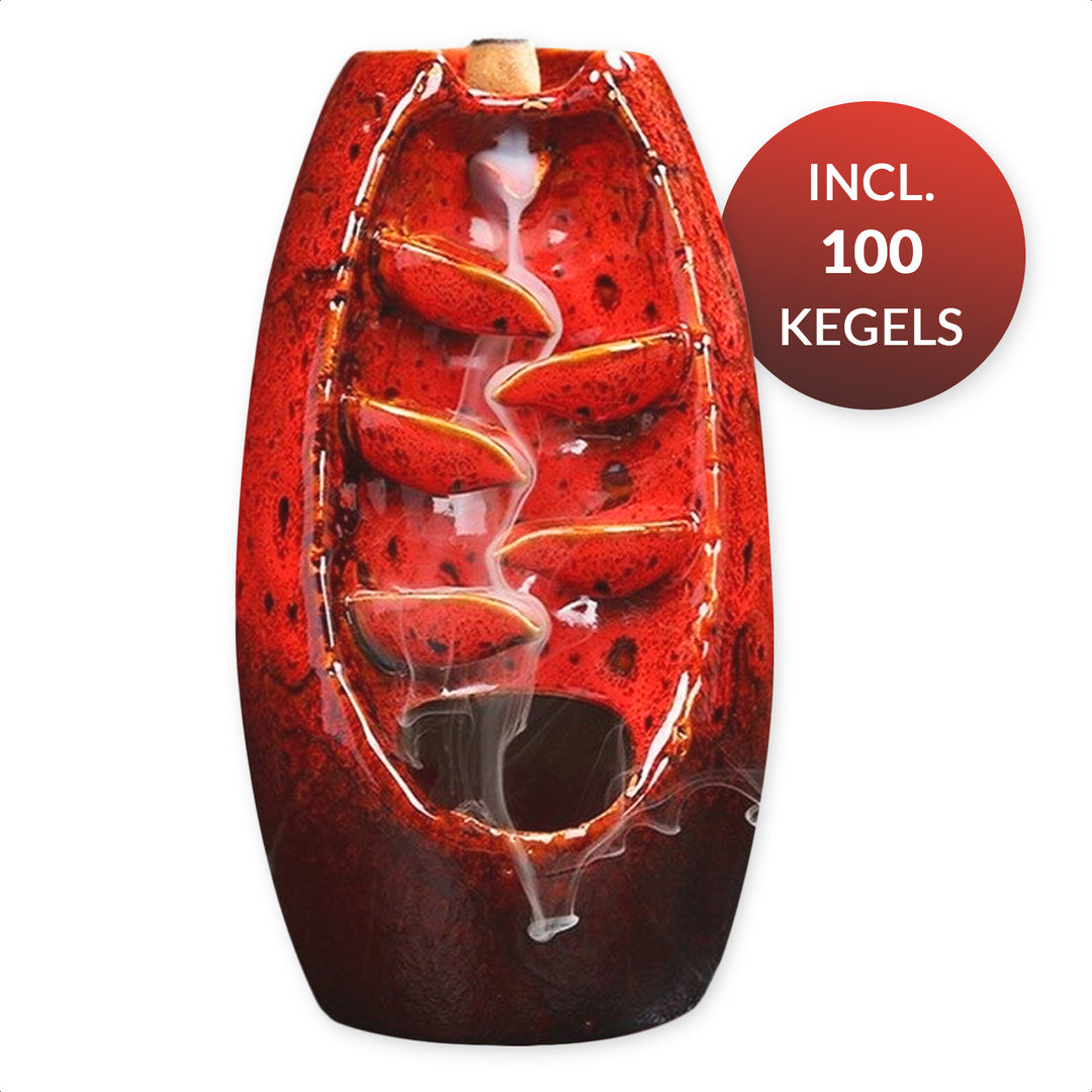 Incense Holder - Incense waterfall - Incense Cone Burner - Aromatherapy Fragrance Burner made of Ceramic + 100 cones - Red