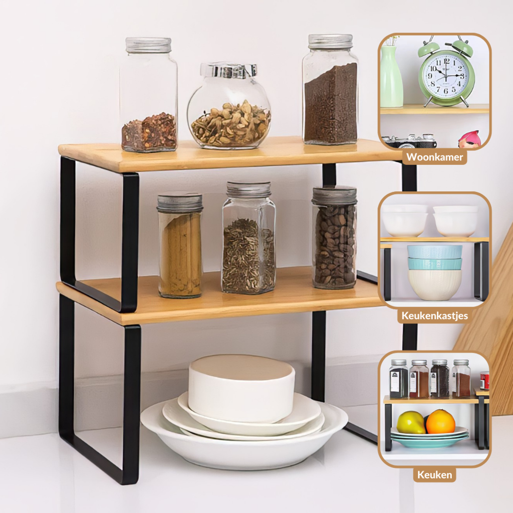 Two-tier bamboo and black steel kitchen organiser holding spice jars, with inset thumbnails showing living room, cabinet,…