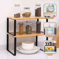 Two-tier bamboo and black steel kitchen organiser holding spice jars, with inset thumbnails showing living room, cabinet,…