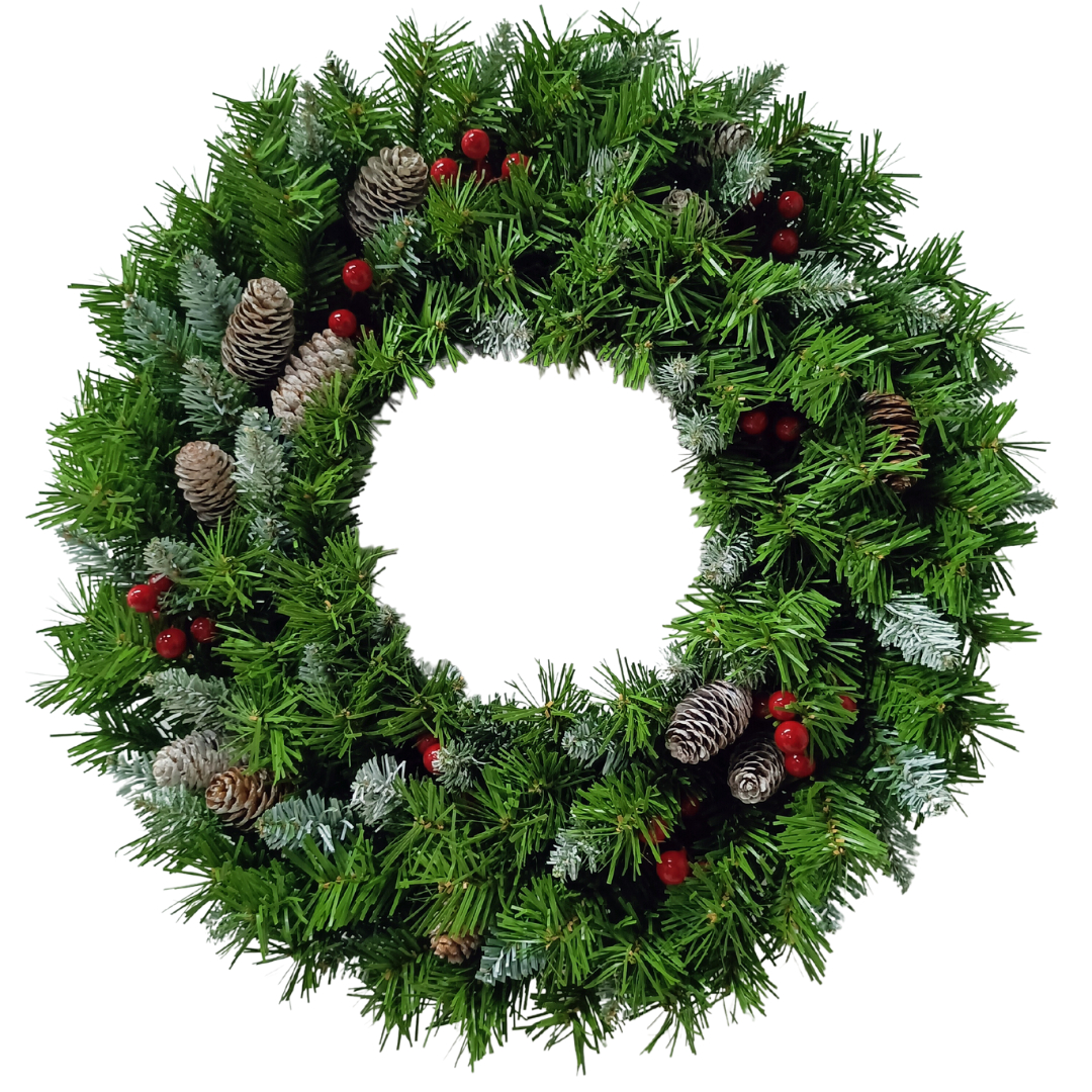 Buxibo PVC Christmas Wreath with Pine Cones and Red Berries - Green - 180 Branches - 60cm
