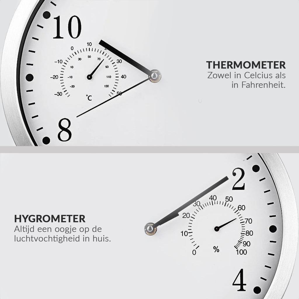 Wandklok 3-in-1 - Stille Metalen Quartz Wandklok - Thermometer & Hygrometer