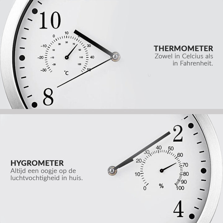 Vægur 3-i-1 - Silent Metal Quartz Vægur - Termometer og hygrometer
