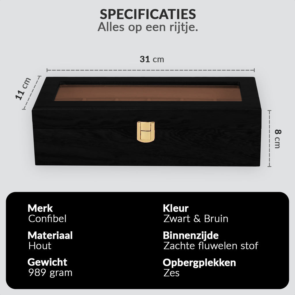 Black wood watch box closed, glass lid, gold clasp, with dimension labels showing 31×11×8 cm and Dutch spec text below
