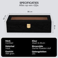 Black wood watch box closed, glass lid, gold clasp, with dimension labels showing 31×11×8 cm and Dutch spec text below