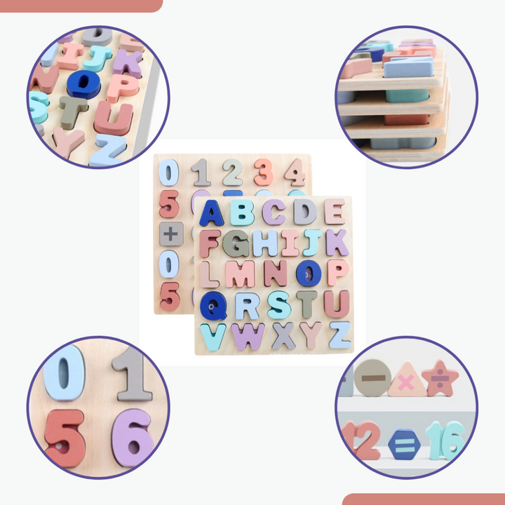 Alphabet-/Formen-/Zahlenpuzzle aus Holz – Lernspielzeug – 30 x 30 – Pastell